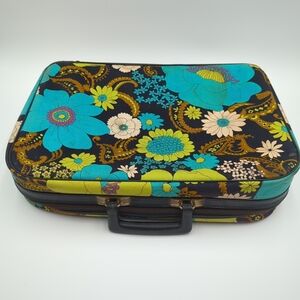 Vintage 60s 70s Flower Power Luggage Suitcase Boho Hippie Green and Blue Teal
